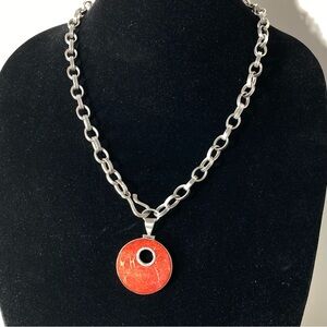 Red Silver Statement Pendant Necklace with Silver-Tone Chain